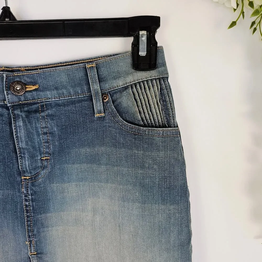 Y2K Lee Denim Skirt Juniors 3 Frayed Hem Button Pockets Stretch Slit Front
